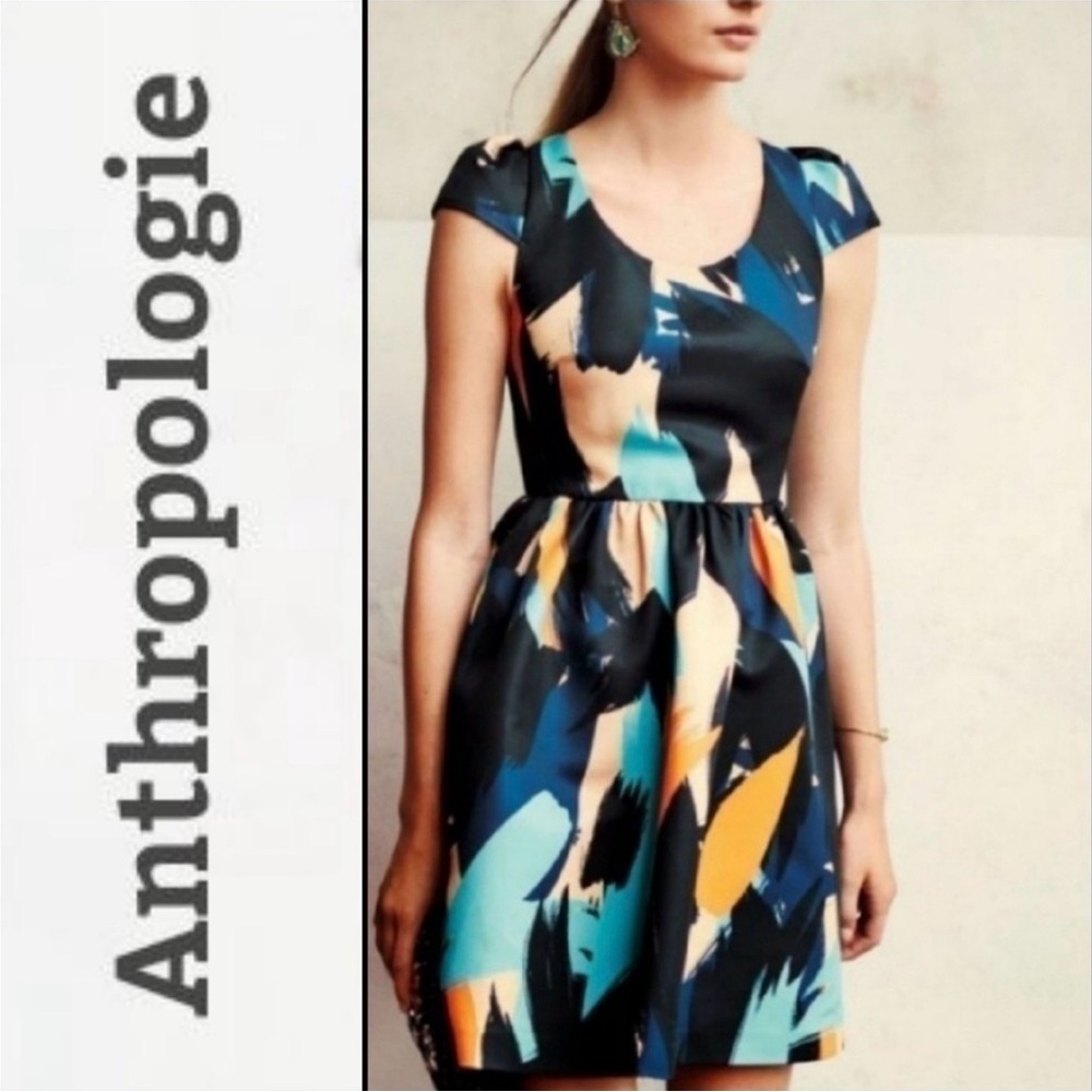 Anthropologie Black and Blue Abstract Moulinette Soeurs Dress